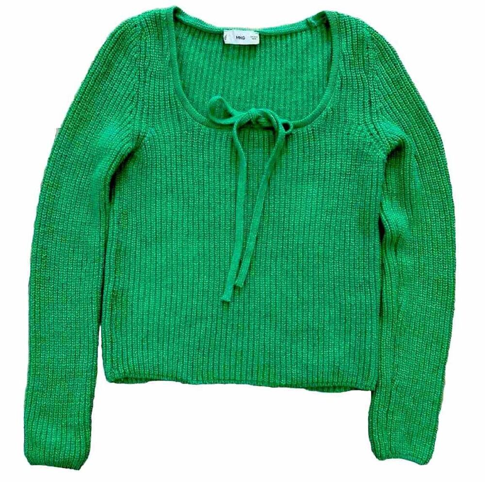 Mango Kelly Green Crop Sweater Square Neck Long Sleeve Sz M
